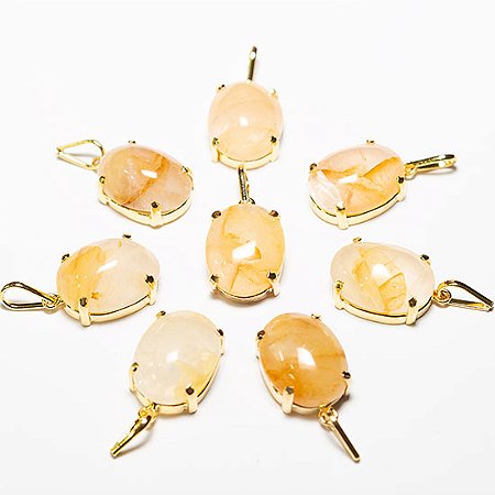 10 Pingente Cabochão Oval Hematoide Amarelo Montagem Garra Prata 950 Atacado