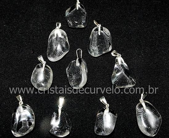 03 Pingente Pedrinha Quartzo Cristal Rolado Prateado Atacado