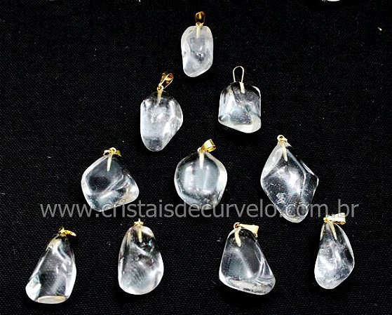 03 Pingente Pedrinha Quartzo Cristal Rolado Dourado Atacado