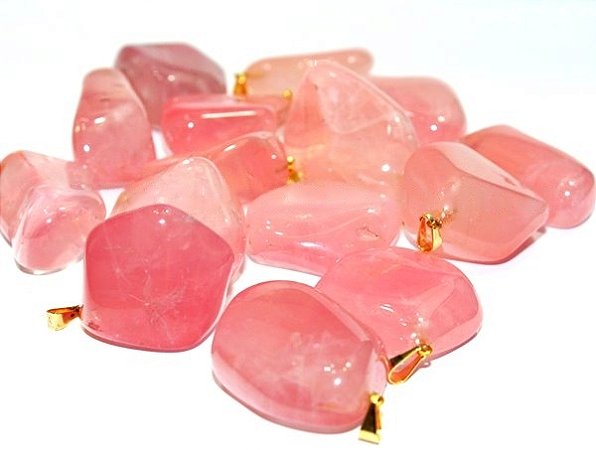 05 Pingente Pedrinha Natural Quartzo Rosa Extra Natural Dourado Atacado