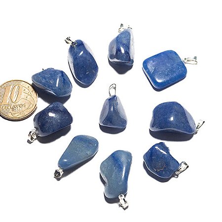 05 Pingente Pedrinha Quartzo Azul Natural Pino Prateado Atacado