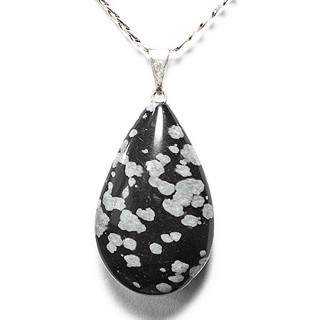 03 Pingente Gota Obsidiana Flocos de Neve Pedra Natural Prateado Atacado