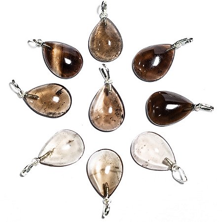 03 Mini Pingente Gota Pedra Quartzo Fume Natural Pino Prata 950 Atacado