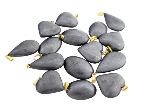 05 Pingente Gota Hematita Pedra Natural Montagem Pino Dourado Atacado