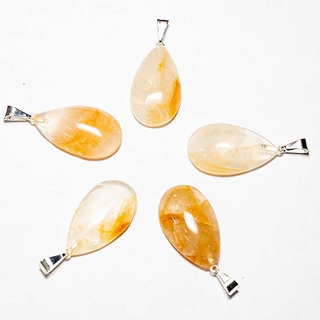 03 Pingente Gota Hematoide Amarelo Pedra Natural Pino Prateado