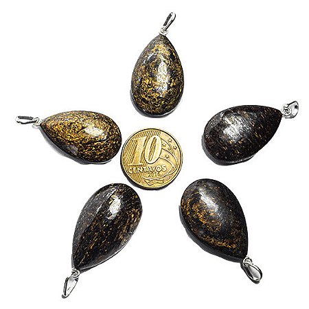 10 Pingente Nlux Gota Lisa Pedra Bronzita Natural Pino Prata 950 Atacado