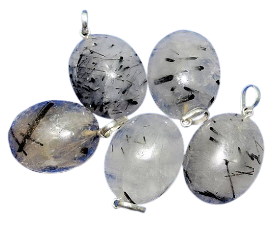 03 Pingente Cabochão Oval Cristal Com Turmalina Pino Prata 950 Atacado