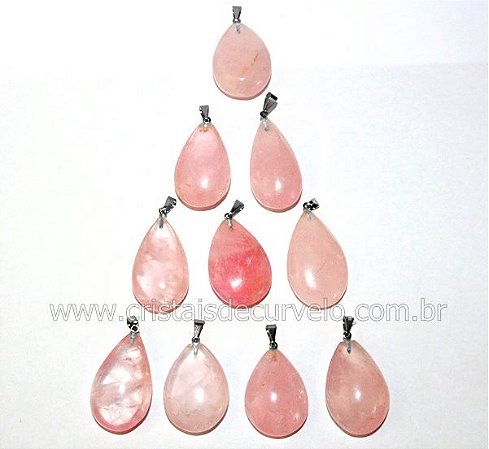 10 Pingente GOTA Pedra Quartzo Rosa Natural Montagem Flash Prateado ATACADO