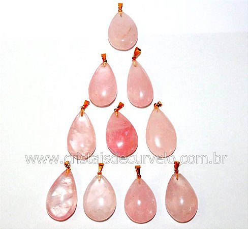 10 Pingente Gota Pedra Quartzo Rosa Natural Montagem Flash Dourado Atacado