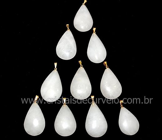 10 Pingente GOTA Pedra Quartzo Leitoso Natural Montagem Flash Dourado ATACADO