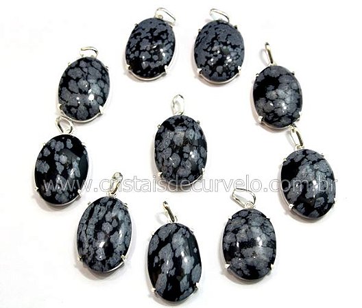 05 Pingente Cabochão Obsidiana Flocos De Neve Montagem Garra Prata 950