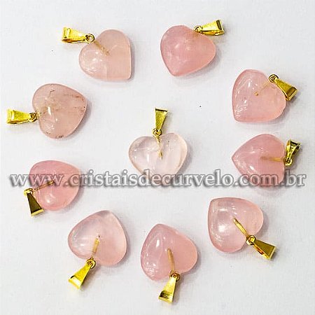 05 Pingente Mini Coração Quartzo Rosa Pedra Natural Dourado ATACADO