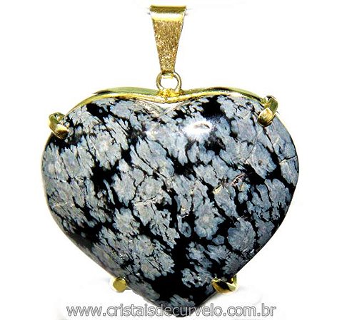 Pingente Coração Obsidiana Flocos de Neve Montagem Garra Dourado Reff CG5422