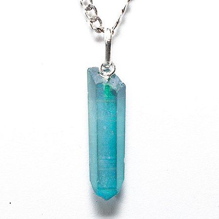 Colar Ponta Cristal Aura Aqua Bruto 25 mm Pino Prata 950