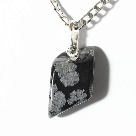 Colar Obsidiana Flocos de Neve Natural Pino Prata 950