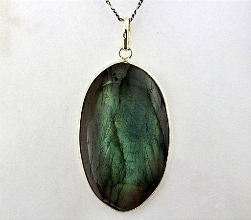 Colar Pedra Labradorita Cabochao Oval Gigante Prata 950