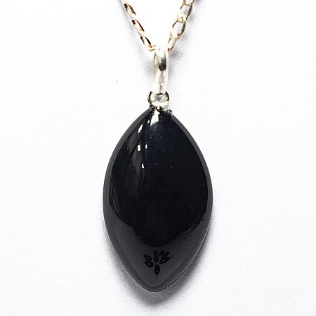 Colar Navete Obsidiana Negra Natural Montagem Pino Prata 950