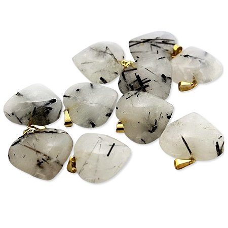 10 Pingente Coração Cristal com Turmalina Incrustada Dourado Atacado