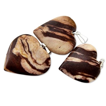 05 Pingente Coração Jaspe Brecha Pedra Natural Prateado Atacado
