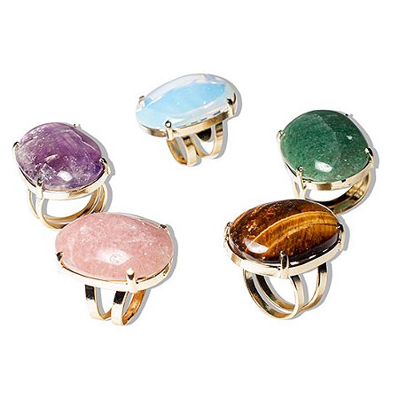 100 Anel Cabochão Oval Pedra MISTO Banho Flash Dourado Aro Ajustável ATACADO