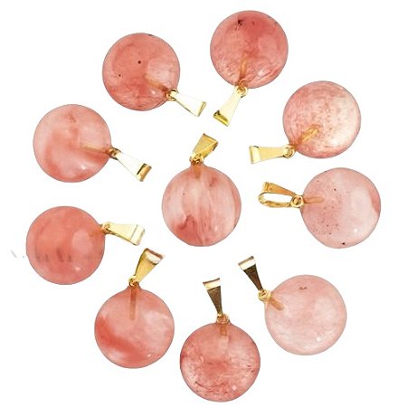 05 Mini Pingente Disco Quartzo Cherry Pedra Natural Pino Dourado Atacado
