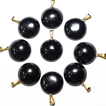 05 Pingente Disco Obsidiana Negra 20mm Pedra Natural Pino Dourado Atacado
