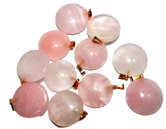 03 Pingente Disco Liso Quartzo Rosa Pedra Natural Pino Dourado Atacado