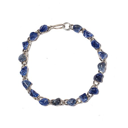 10 Pulseira Corrente Pedra Colada Sodalita Azul Natural Rolada Montagem Banho Prateado