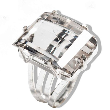 Anel Pedra Cristal Retângulo Facetado Prata Aro Ajustável