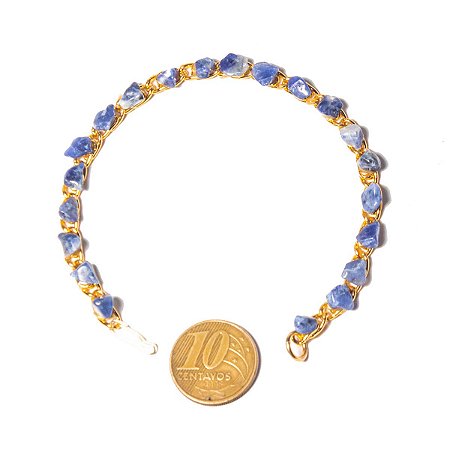 03 Pulseira Corrente Pedra Sodalita Natural Rolada Dourado