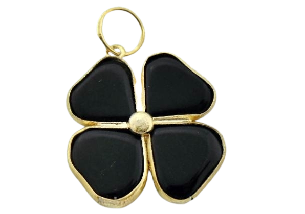 10 Pingente Trevo Da Sorte Ônix Preto Pedra Natural Dourado