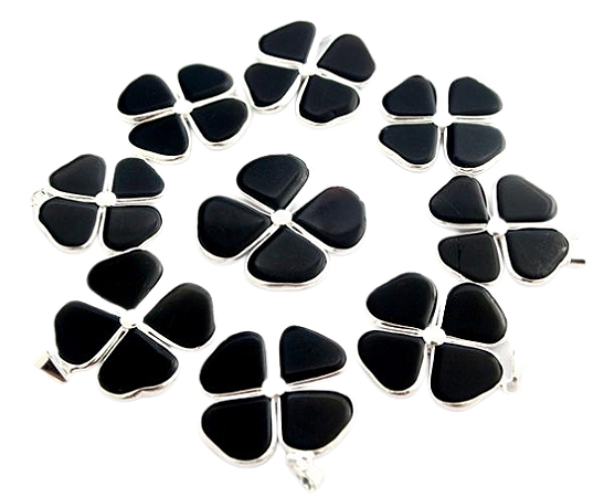 10 Pingente Trevo 4 Folhas Pedra Obsidiana Negra Natural Prateado