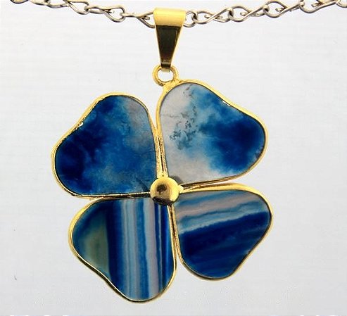 10 Pingente Trevo 4 Folhas Da Sorte Ágata Azul 4 Dourado