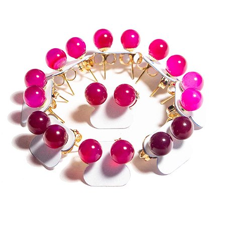 10 Brinco Bolinha Pedra Ágata Rosa Tarraxa Montagem Dourado