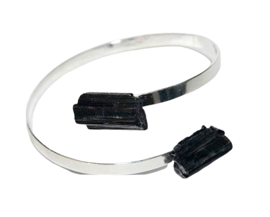 05 Bracelete de Turmalina Preta Ajustável Prateado Atacado
