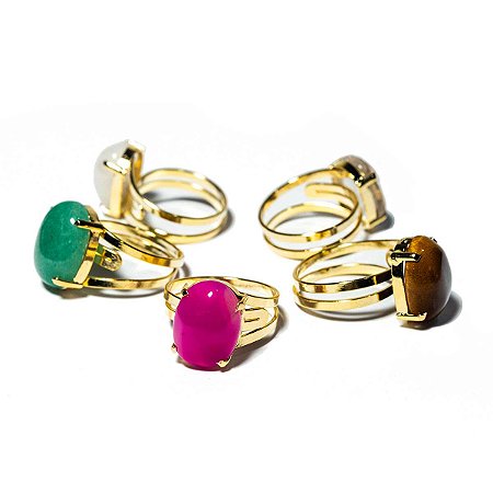 05 Anel Cabochão Misto Banho Dourado Aro Ajustável Atacado