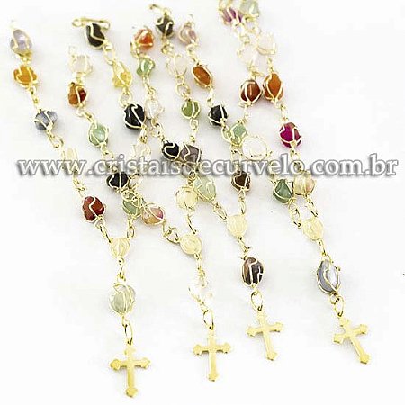 100 Pulseira Terço Pedra Mista Rolado Na Gaiola Dourado ATACADO