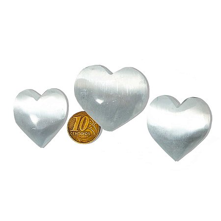 03 Coração Selenita Pedra Natural Polido 3,5 a 4 cm Tipo A