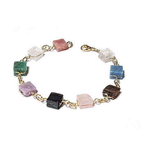 Pulseira Quadrado Pedra Mista Ranhurado Elo Dourado