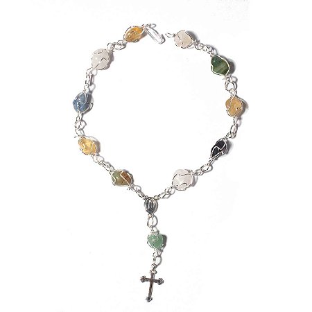 Pulseira Terço Pedras Mistas Rolado Na Gaiola Pratedo