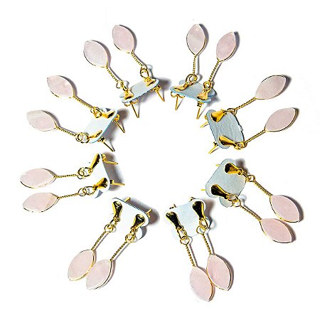 10 Brinco Navete Quartzo Rosa Ranhurado Tarraxa Dourado