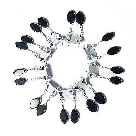 10 Brinco Navete Obsidiana Negra Natural Tarraxa Prateado