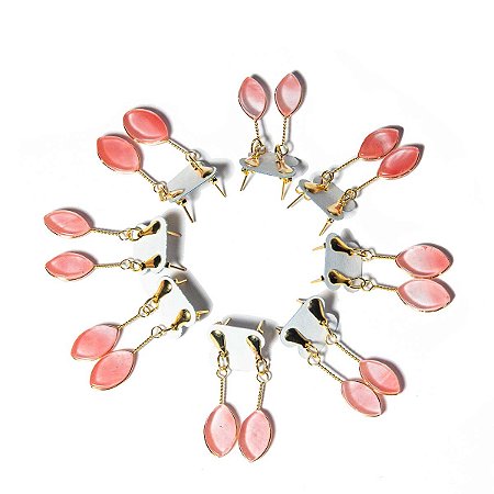 10 Brinco Navete Cherry Rosa Ranhurado Acabamento Dourado