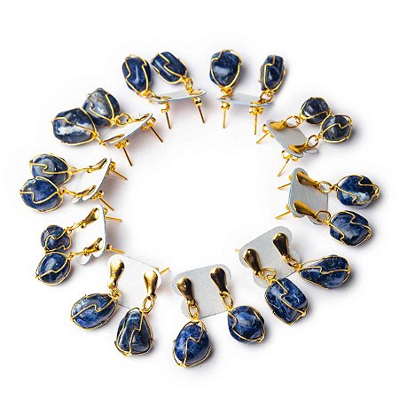 10 Brinco Cesta Amarrada Pedra Sodalita Azul Dourado