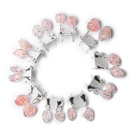 10 Brinco Cesta Amarrada Pedra Quartzo Rosa Prateado
