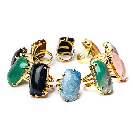 100 Anel Retangular Cabochao Pedra Natural MistoFlash Dourado Aro Ajustavel ATACADO