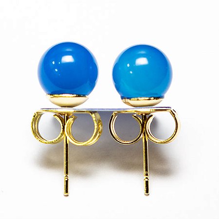 10 Brinco Bolinha Pedra Agata Azul Pino Tarraxa Banho Dourado