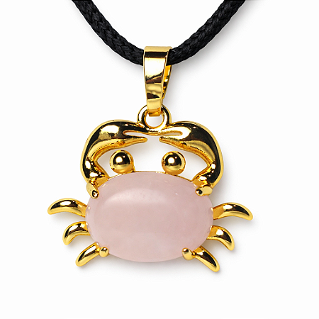 Colar Caranguejo Pedra Quartzo Rosa Natural Banho Dourado
