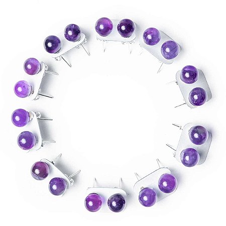 10 Brinco Bolinha Pedra Ametista Natural Tarraxa Banho Prateado