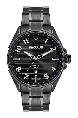 Relógio de Pulso Seculus, Caixa e Pulseira em Aço Preto, Mostrador Preto, Garantia de 02 Anos, Aprova D'água. Ref.: 77261GPSVPA1